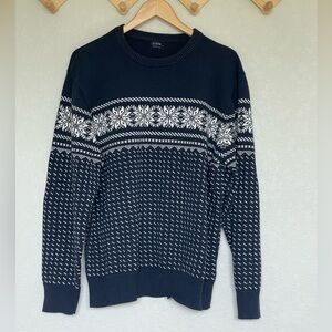 J. Crew Navy and White Crewneck Sweater with Nordic Snowflake Pattern
